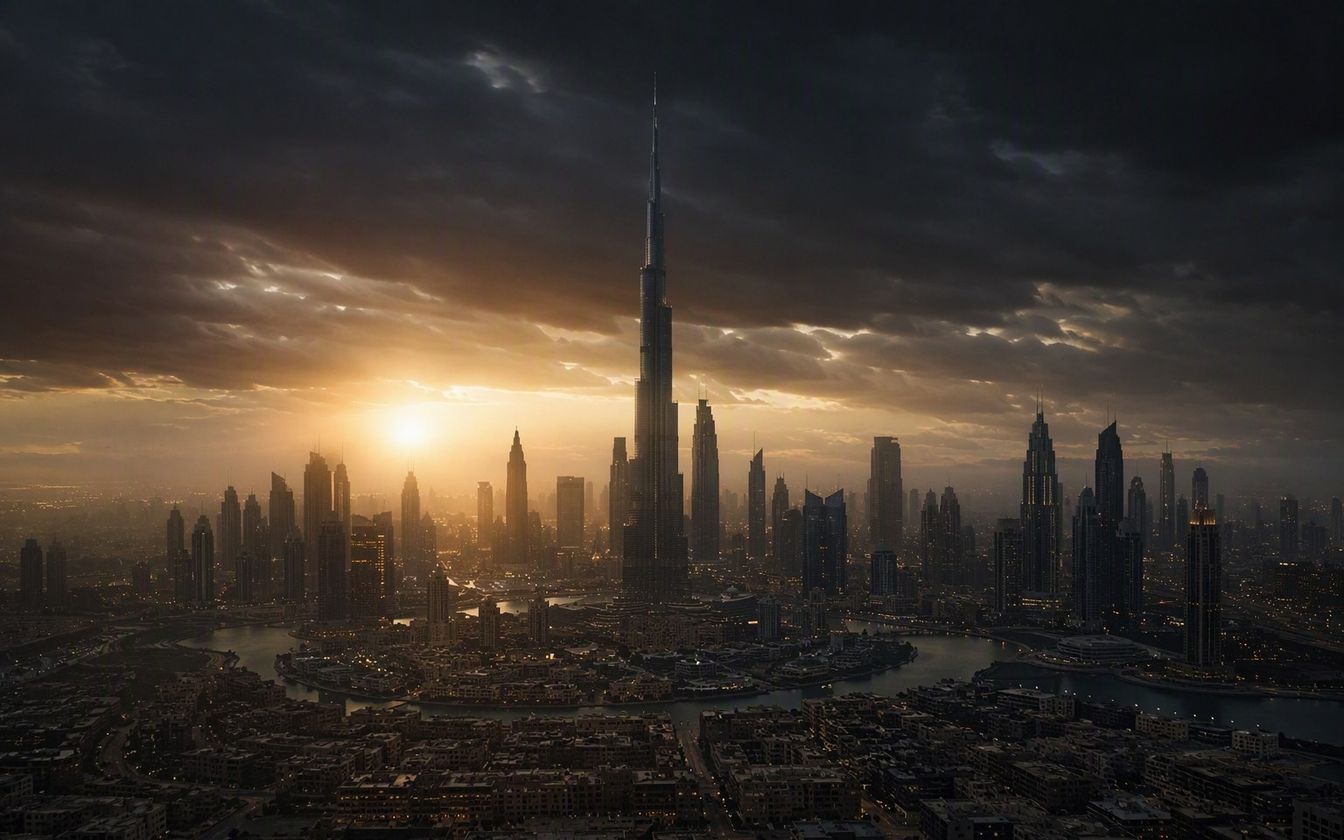 Burj Khalifa rising 828 metres above Downtown Dubai at dusk, the world's tallest building, delivered by Emaar, SOM and Samsung C&T between 2004 and 2010