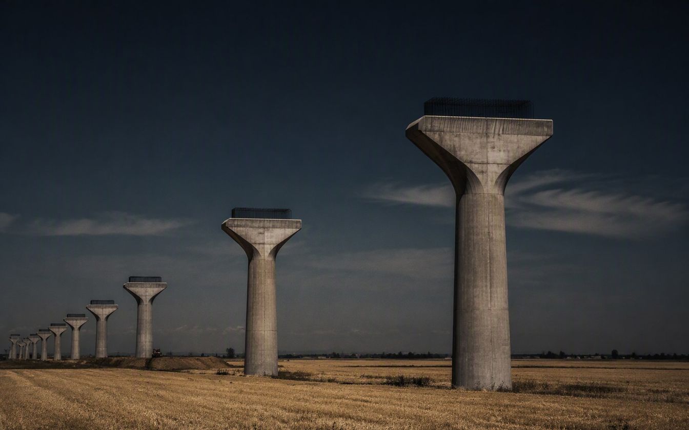 California High-Speed Rail investigation — unfinished concrete viaduct in the Central Valley