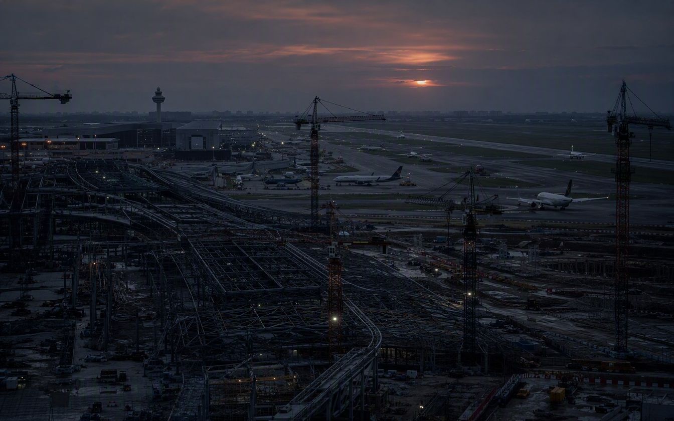 Construction site of Changi Airport Terminal 5 in Singapore's Changi East development at dawn, cranes over early works — a mega-terminal in delivery, projected to open in the mid-2030s.