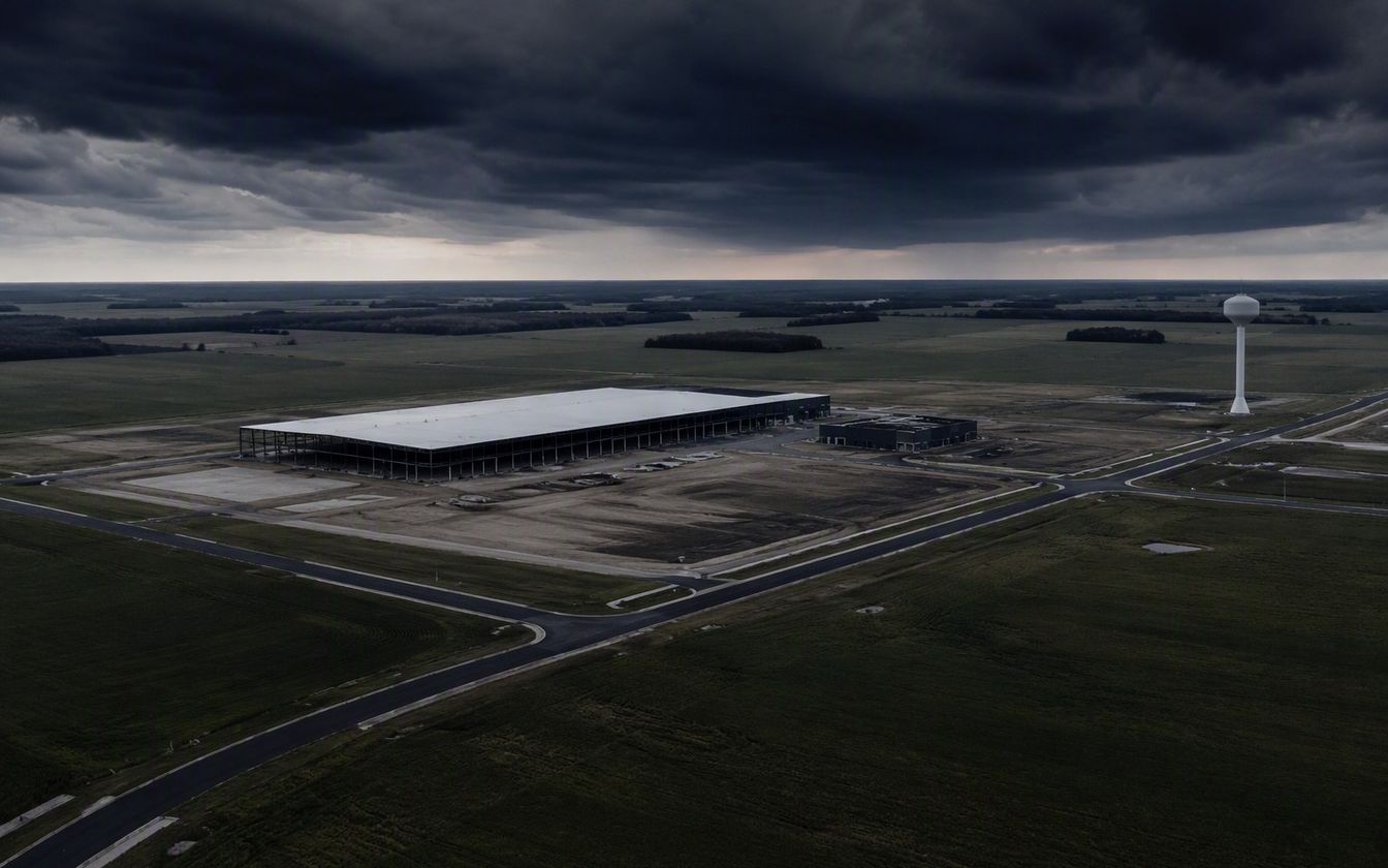 The Foxconn site in Mount Pleasant, Wisconsin — sparse industrial buildings on cleared farmland originally destined for a $10 billion LCD factory