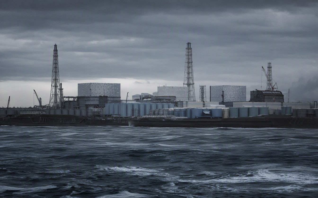 Fukushima Daiichi investigation — the damaged reactor buildings behind the seawall
