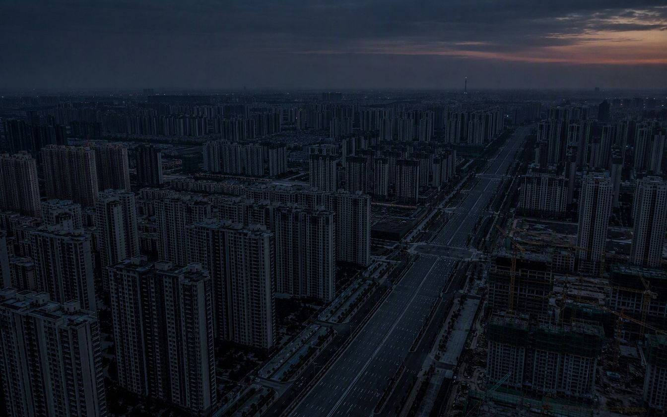 China's ghost cities investigation — empty apartment towers in Ordos Kangbashi at dusk