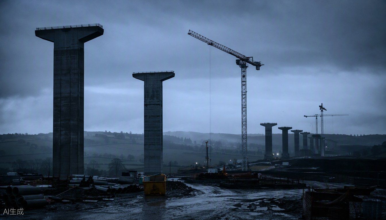 HS2 high-speed rail construction works in the English Midlands, with tunnelling and viaduct structures under an overcast sky