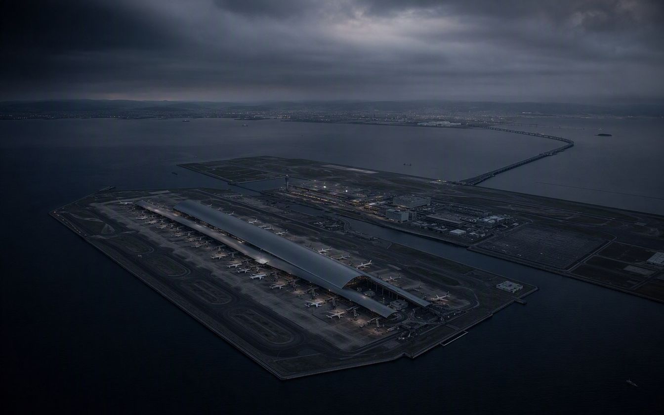 Kansai airport sinking investigation — aerial view of the artificial island airport in Osaka Bay