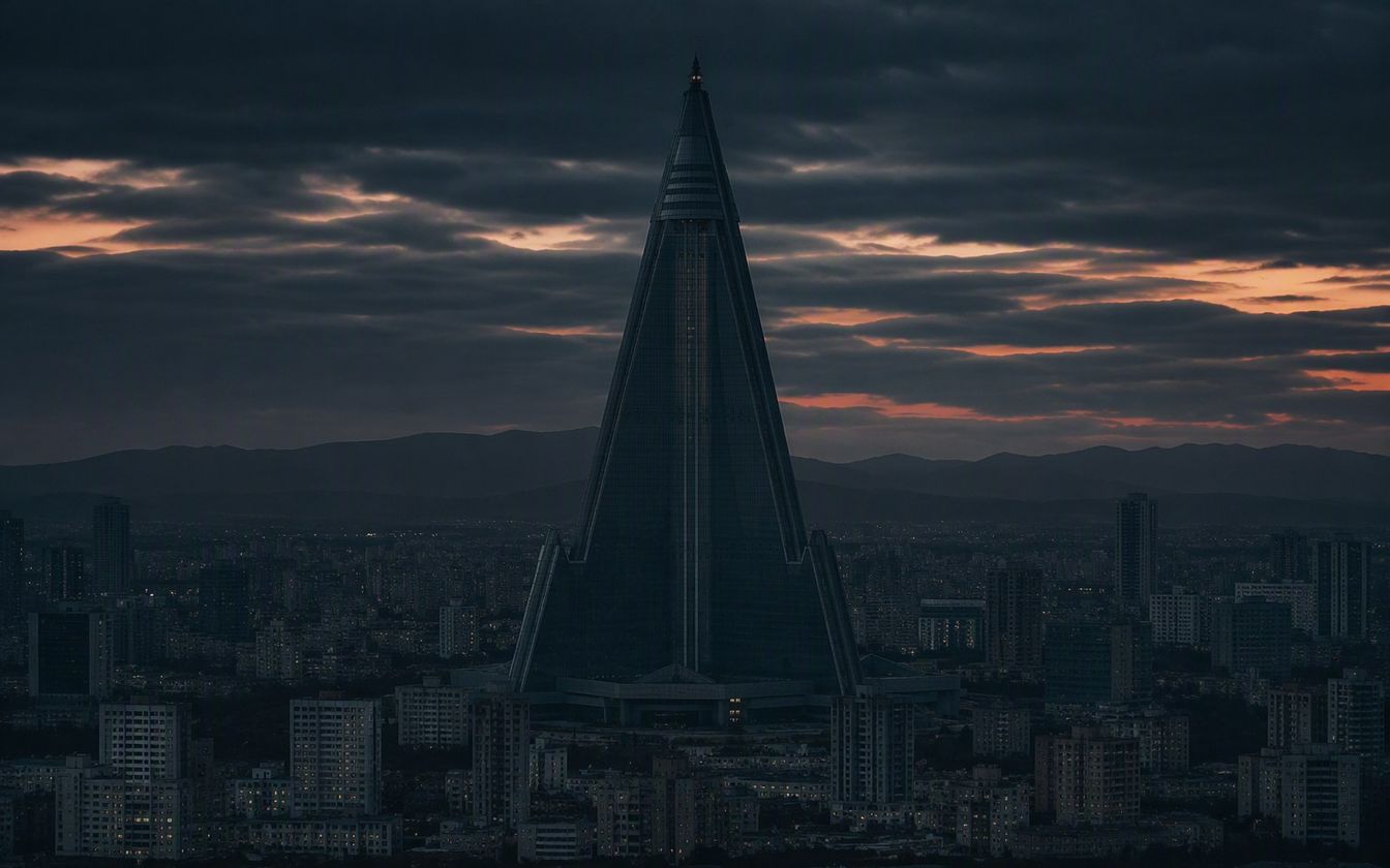 The 105-storey glass-clad Ryugyong Hotel pyramid dominating the Pyongyang skyline, unfinished and unoccupied since construction began in 1987