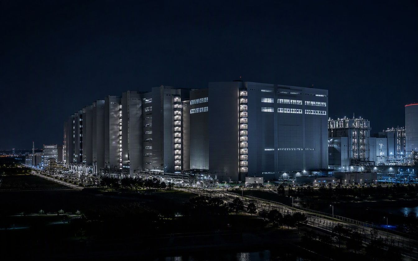 Aerial view of a vast TSMC GIGAFAB semiconductor plant in a Taiwan science park, showing the phased cleanroom complex that anchors the company's repeatable fab-delivery programme.